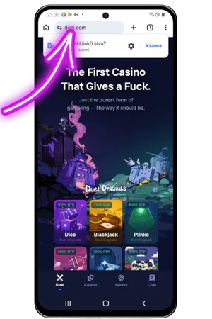 Duel Casino pääsivu mobiililaitteella auki