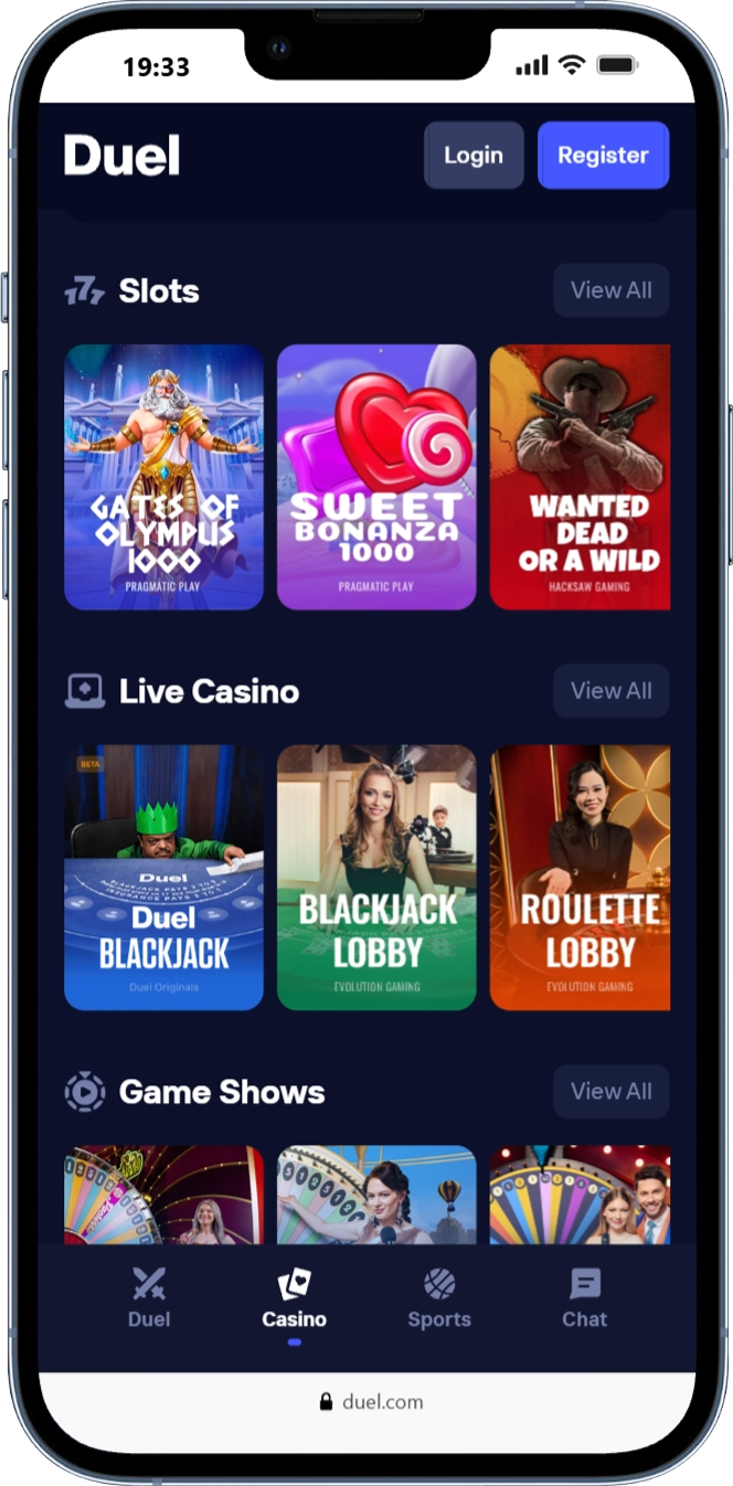 Duel Casino games section with casino game categories and interface preview