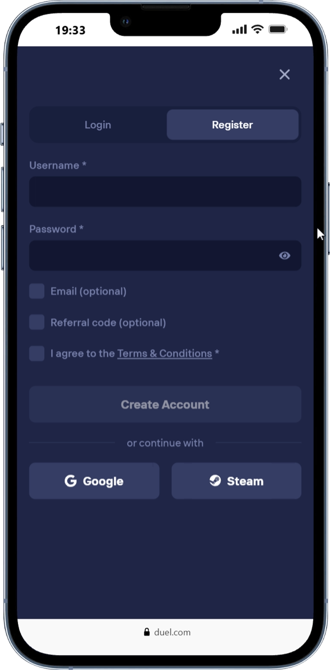 Duel Casino registration page showing sign up form and account creation screen