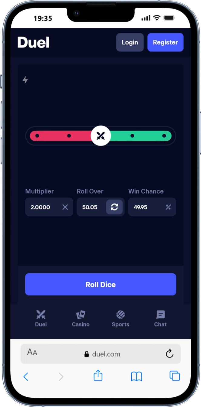 Duel Casino slot games page with online slot titles and casino layout