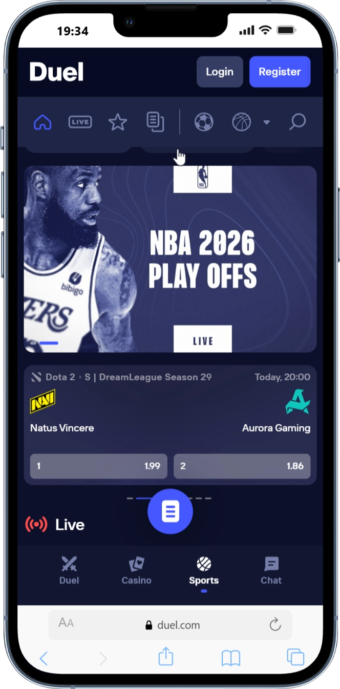 Duel Casino sports betting section with sportsbook markets and betting options