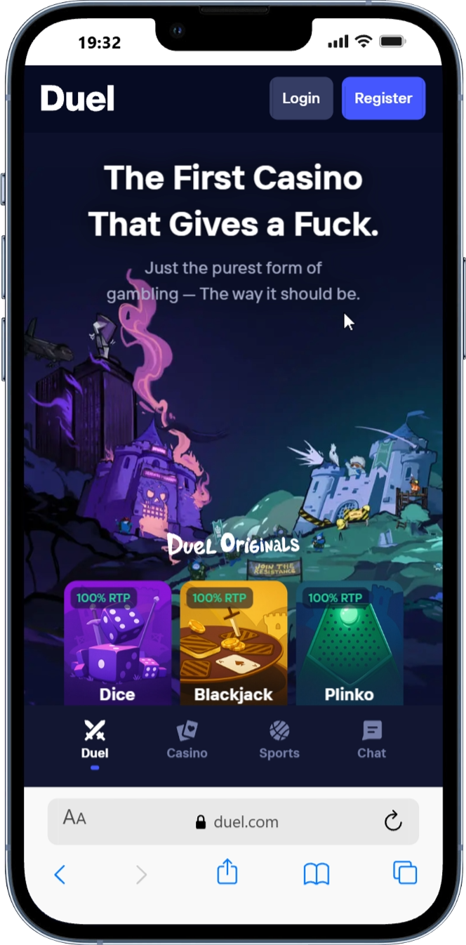 Duel Casino homepage preview with main casino interface and navigation